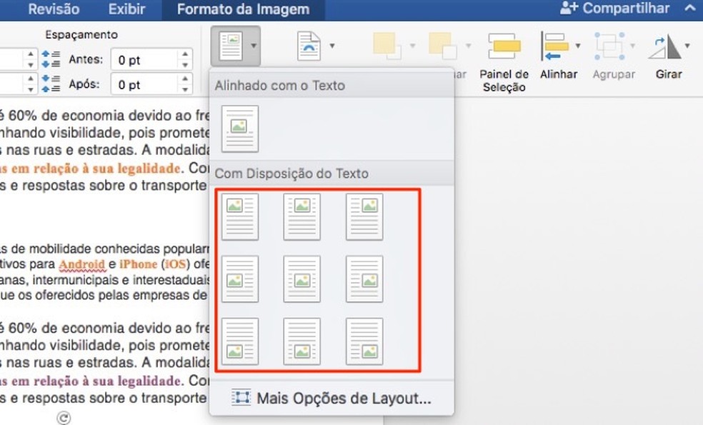 When to set the layout of an image in a Microsoft Word document Photo: Reproduction / Marvin Costa