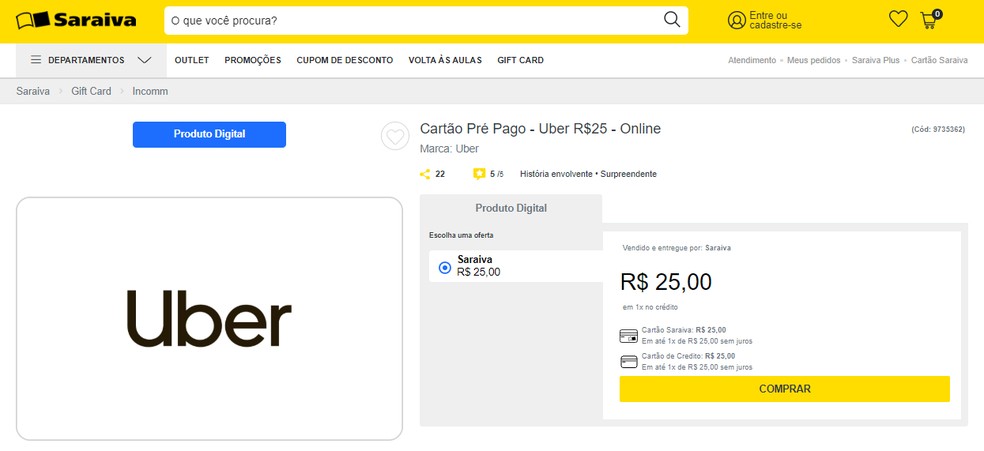 What Uber Cash? Buying credits is also possible in online stores Foto: Reproduo / Saraiva