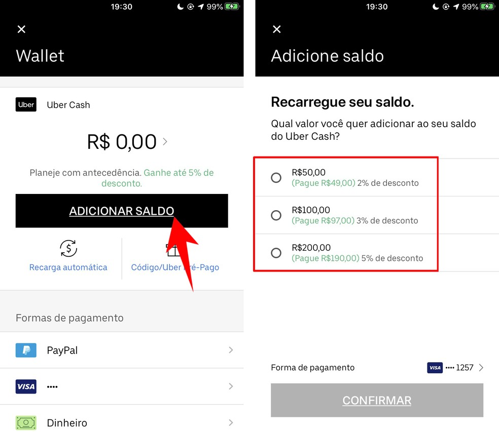 Uber Cash allows you to purchase prepaid amounts using a credit card Photo: Reproduo / Rodrigo Fernandes