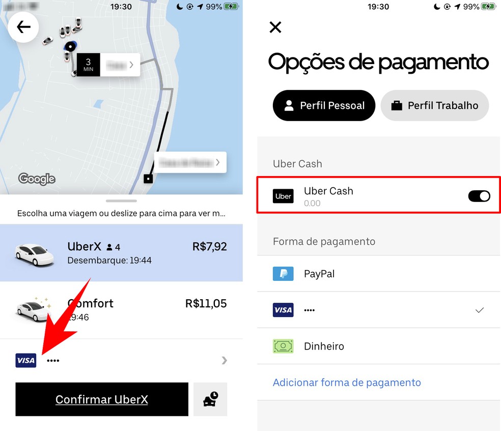 Selecting the Uber Cash option to pay for the Uber ride Photo: Reproduo / Rodrigo Fernandes