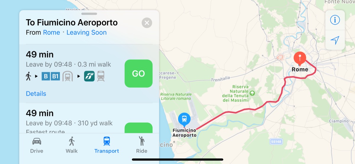 Apple Maps Public Transport Service in Rome, Italy