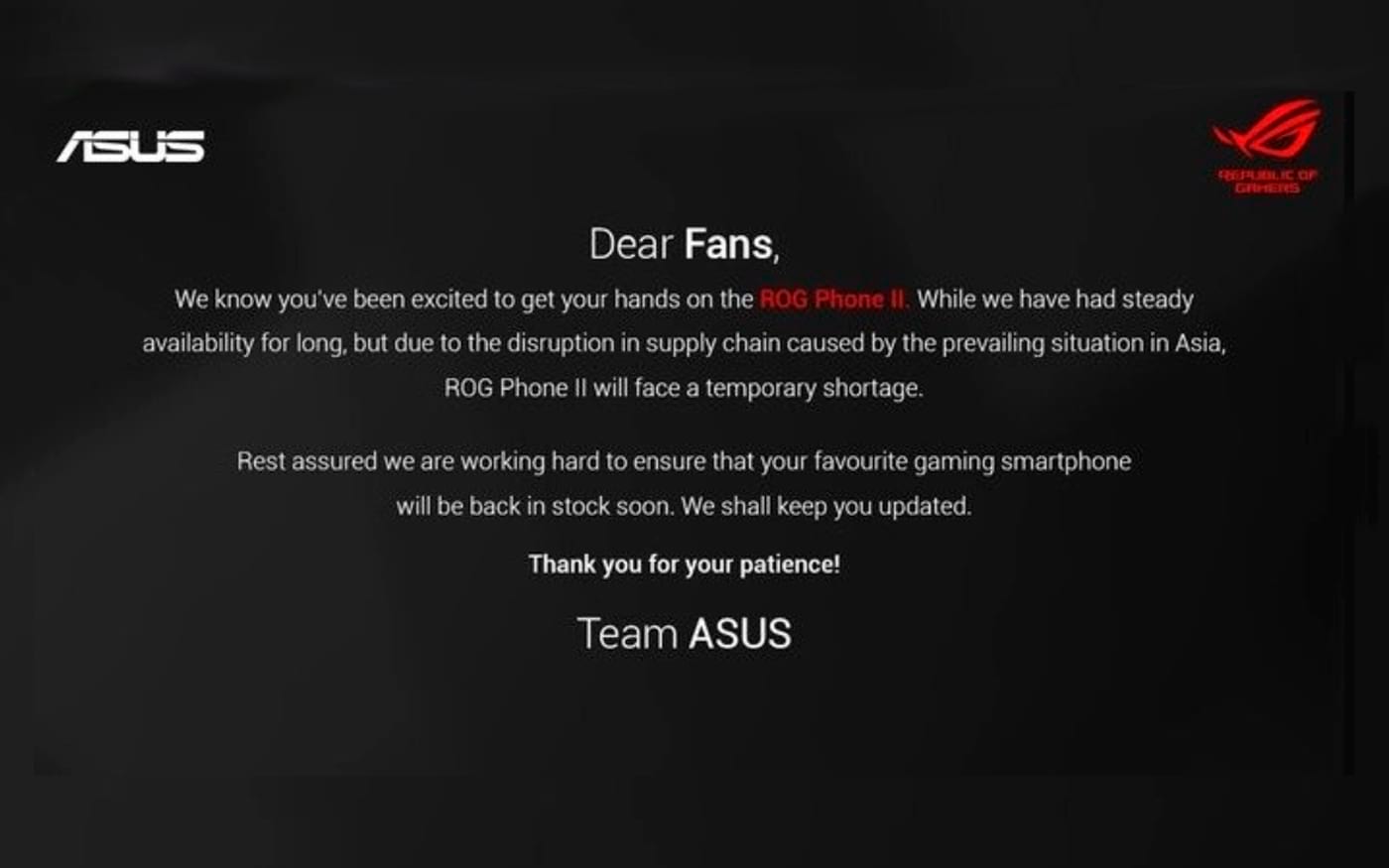 Asus India issues note stating that ROG Phone 2 is temporarily sold out
