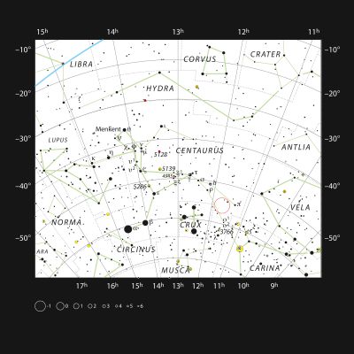 This map shows the location of HD101594, a gas cloud surrounding a binary star in the Centaur constellation, recently studied with the help of ALMA and APEX. The map shows most of the stars visible to the naked eye under good observation conditions, with HD101584 itself being marked with a red circle in the image.

Credits:
ESO, IAU and Sky & Telescope