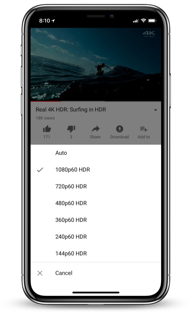 YouTube app for iPhone X showing HDR option
