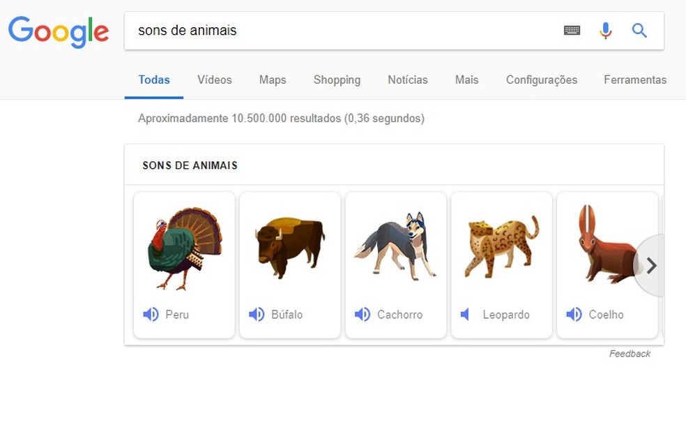 Google reproduces animal sounds directly in search results Photo: Reproduo / Rodrigo Fernandes