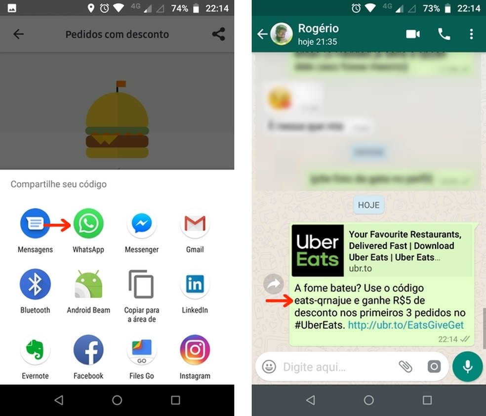 Send the Uber Eats promotional coupon on WhatsApp Photo: Reproduo / Raquel Freire