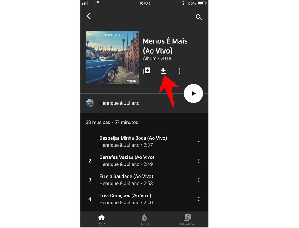 Youtube Music allows you to download playlists or albums at once Photo: Reproduo / Rodrigo Fernandes