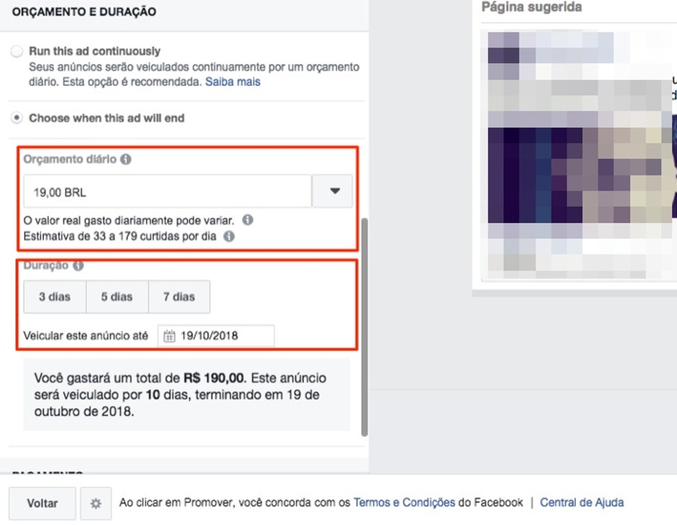 Choose budget and duration of a Facebook ad Photo: Reproduction / Marvin Costa