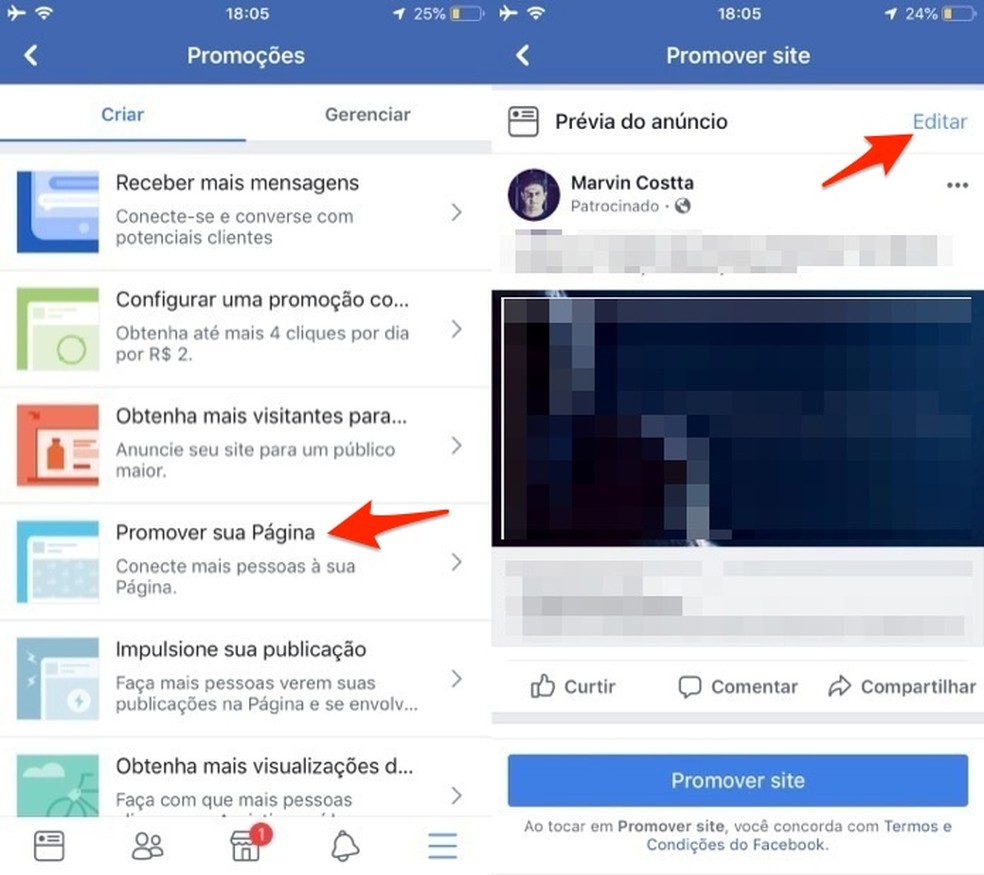Start editing a Facebook ad on your cell phone Photo: Reproduo / Marvin Costa