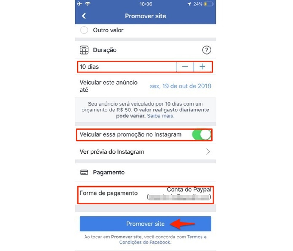 Choose the duration, placement and payment method of a Facebook ad on your cell phone Photo: Reproduo / Marvin Costa