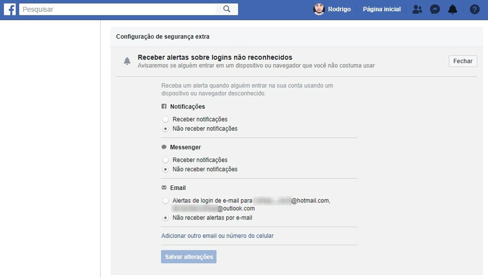 Enable alerts for unknown logins on Facebook Photo: Reproduo / Rodrigo Fernandes