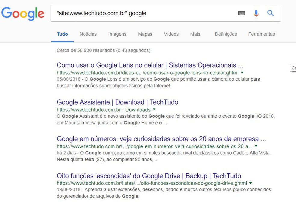 Content search by specific site possible with Google system Photo: Reproduo / Taysa Coelho