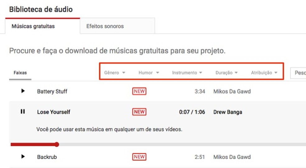 Filter the songs of greatest interest in the YouTube music library Photo: Reproduo / Marvin Costa