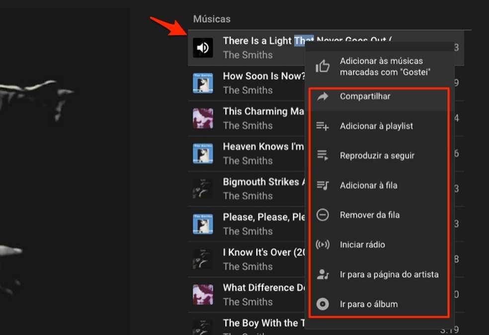 Actions for a song on the YouTube Music streaming service Photo: Reproduction / Marvin Costa