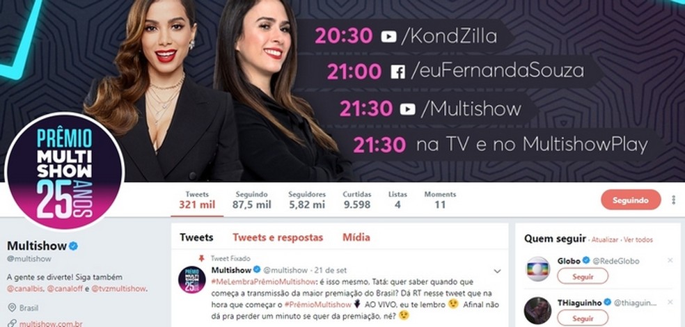 Multishow profile on Twitter allow voting in real time for Best TVZ Video category Photo: Reproduo / Twitter
