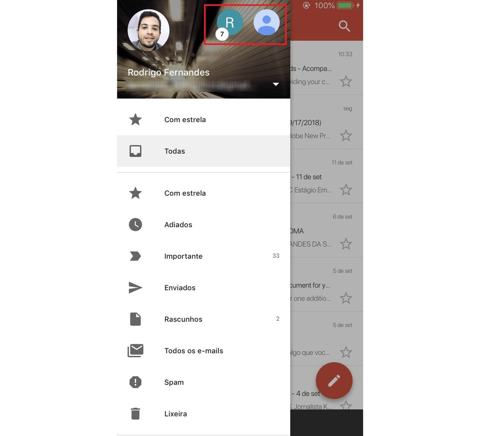 Switch between accounts with one touch of the Gmail app Photo: Reproduo / Rodrigo Fernandes