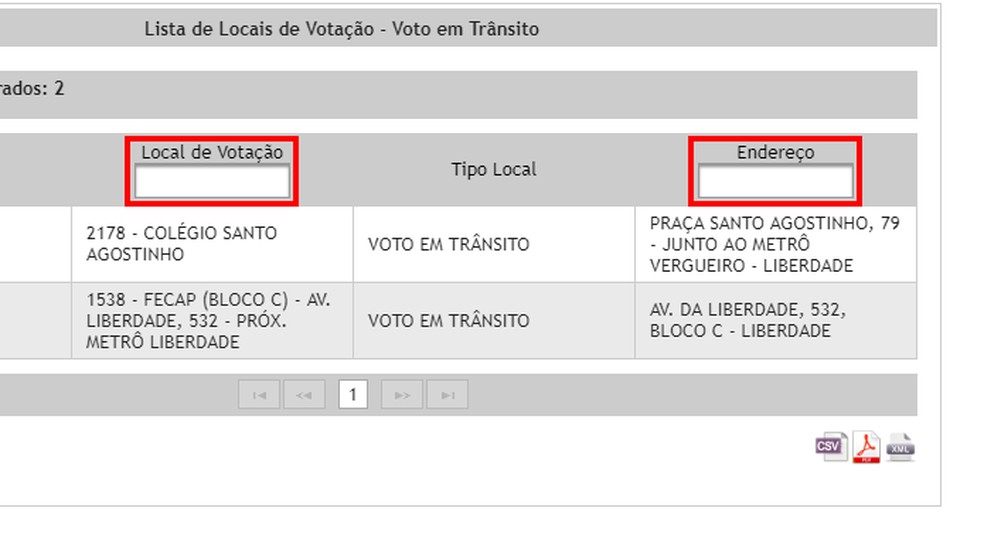 Filter voting locations by name or address on the TSE website Photo: Reproduo / Paulo Alves