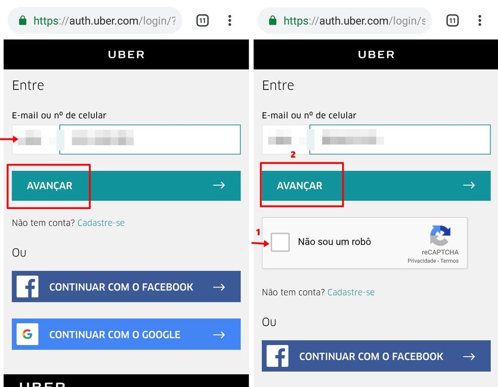 Enter the email or mobile number registered with Uber Photo: Reproduo / Taysa Coelho