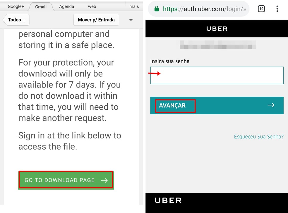 Uber sends a link to downlod the data by email or SMS Photo: Reproduo / Taysa Coelho