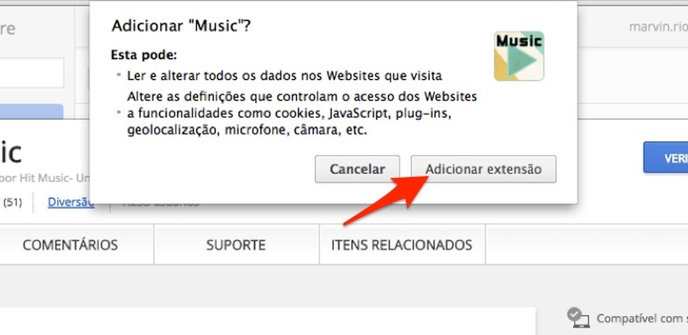 When installing the Music extension on Google Chrome Photo: Reproduo / Marvin Costa
