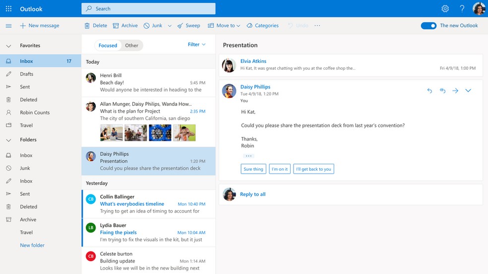 Short answer suggestions are among the new features of the new Outlook Photo: Divulgao / Microsoft
