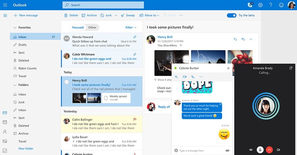 Skype features can be accessed directly from the Outlook inbox Photo: Divulgao / Microsoft