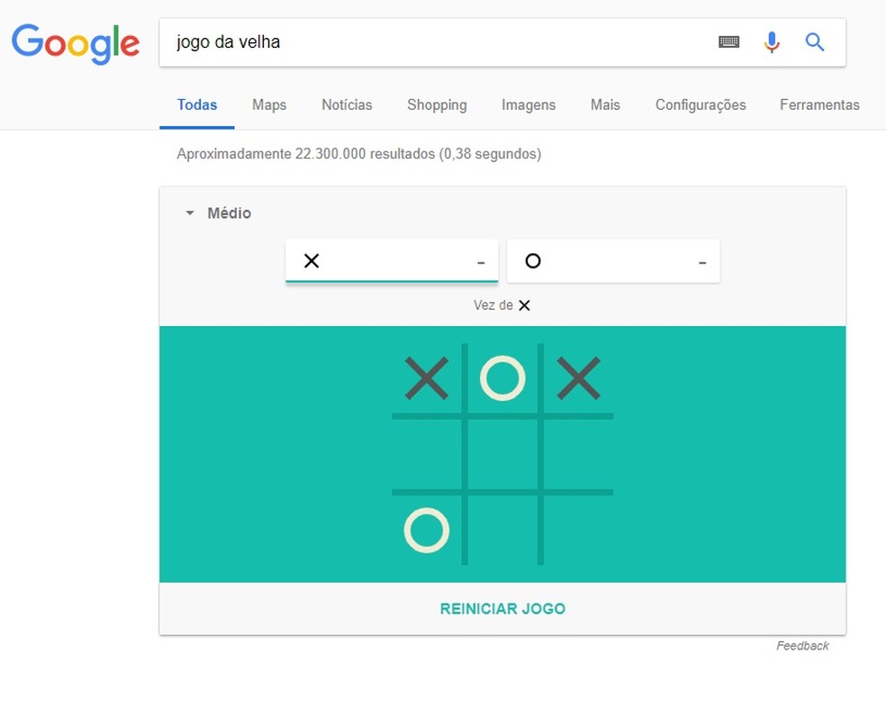 Tic-tac-toe hidden in Google searches allows you to play against the machine Photo: Reproduo / Rodrigo Fernandes