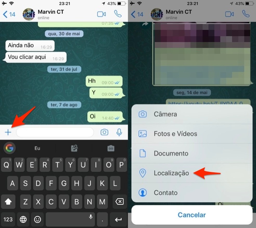 When to open the location sharing tool in WhatsApp for iPhone Photo: Reproduo / Marvin Costa