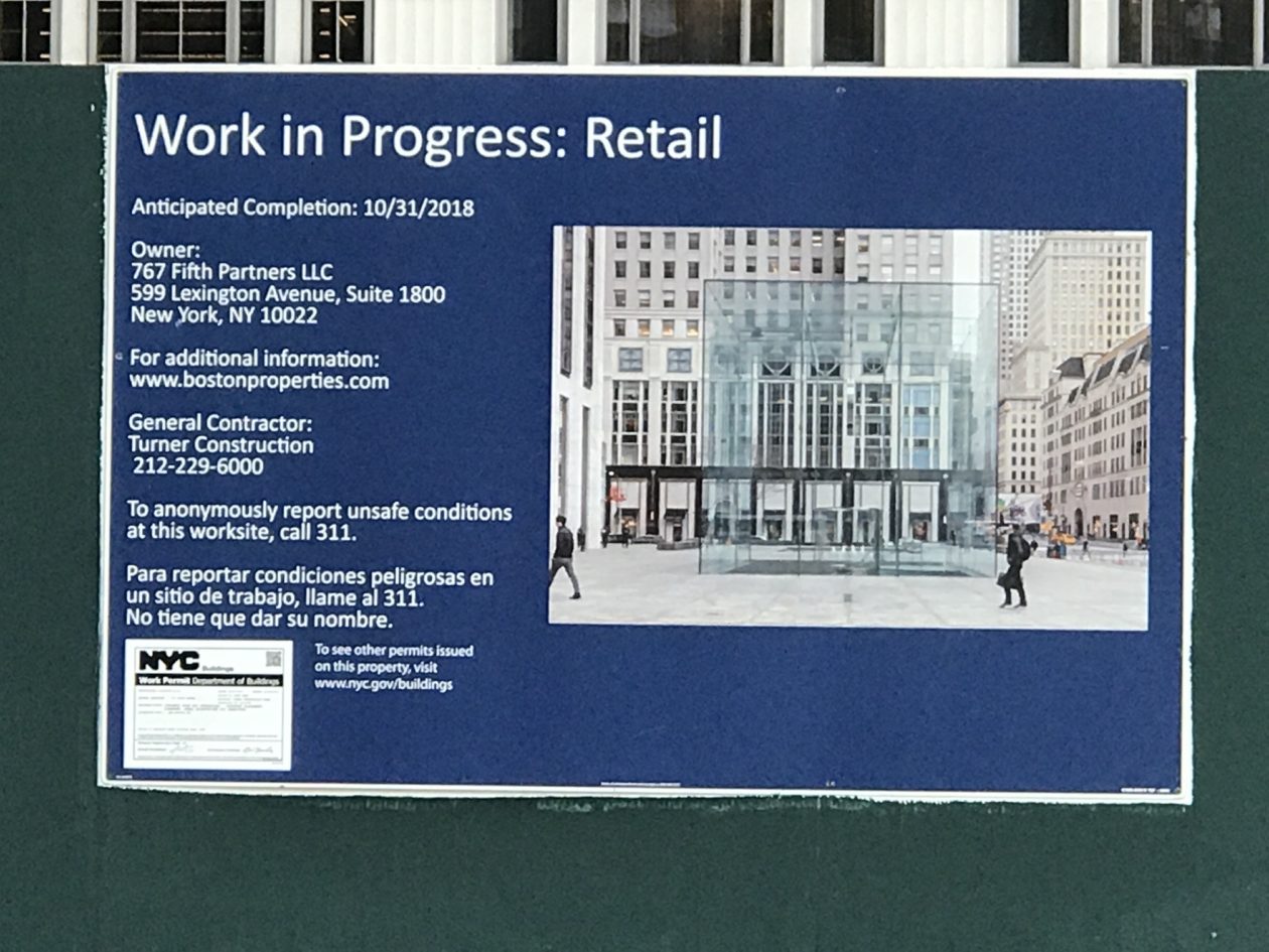 Apple store on Fifth Avenue expected to reopen in October / November 2018
