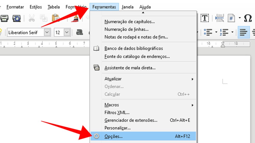 Access the LibreOffice options menu Photo: Reproduo / Paulo Alves