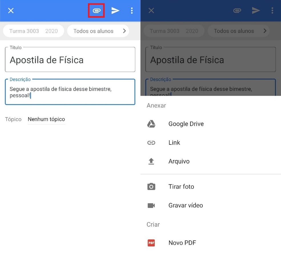 Add links to websites and Google Drive documents, as well as PDFs in your tasks in Google Classroom Photo: Reproduo / Clara Fabro