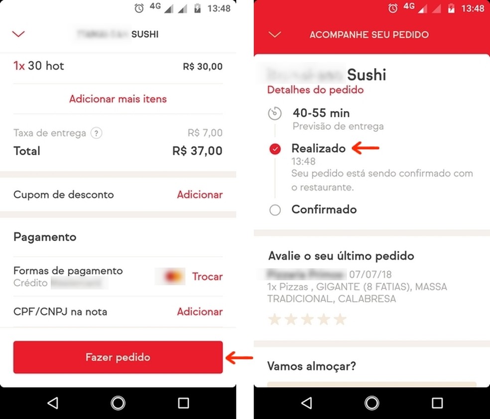 Food order made at iFood but not confirmed by the restaurant Foto: Reproduo / Raquel Freire