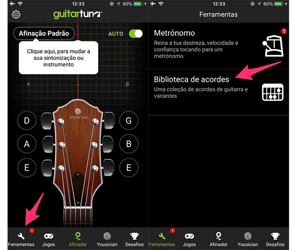 Path to access the GuitarTuna app's chord dictionary Photo: Reprdouo / Marvin Costa