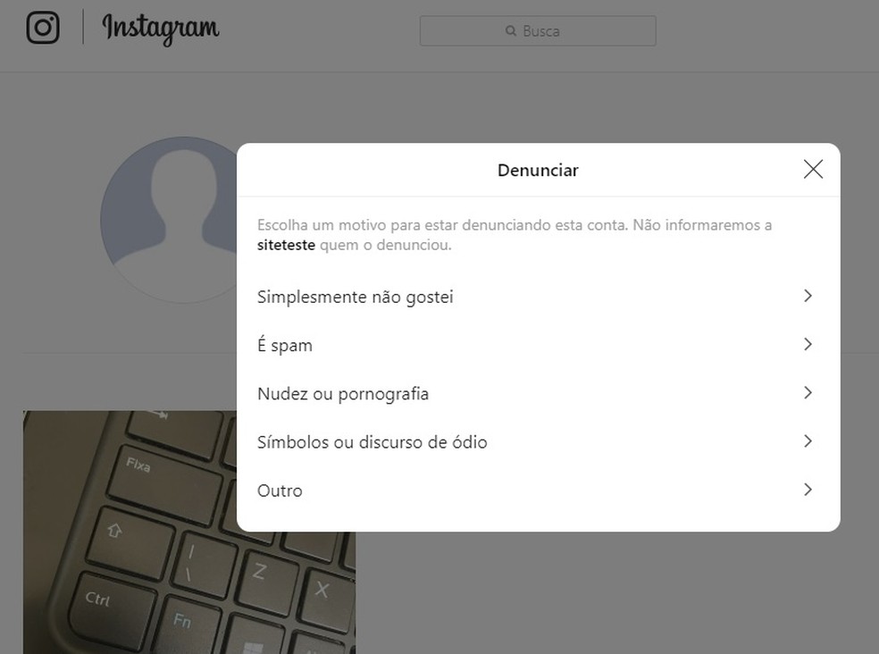 Select the reason for reporting the Instagram profile Photo: Reproduo / Rodrigo Fernandes