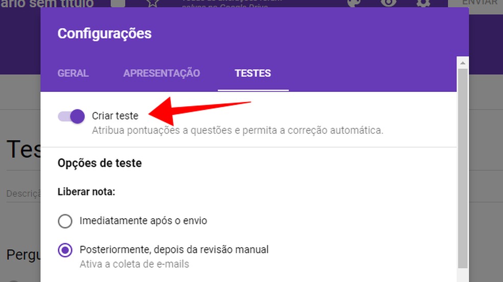Activate the Google Forms testing mode Photo: Reproduo / Paulo Alves