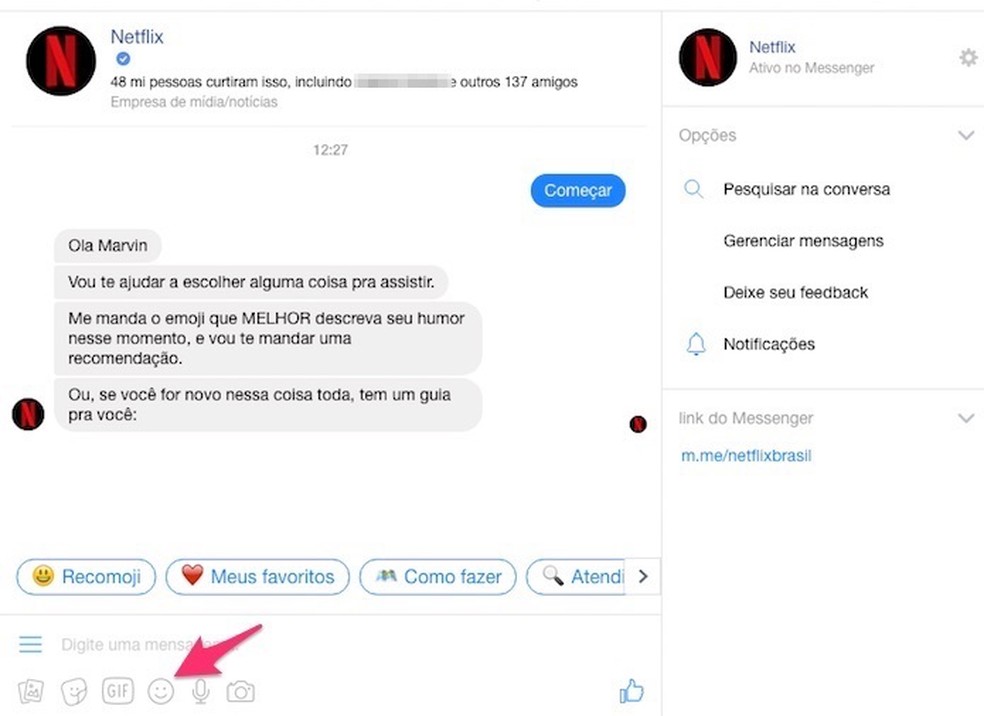 When to view emojis in a conversation with the Netflix bot Photo: Reproduo / Marvin Costa