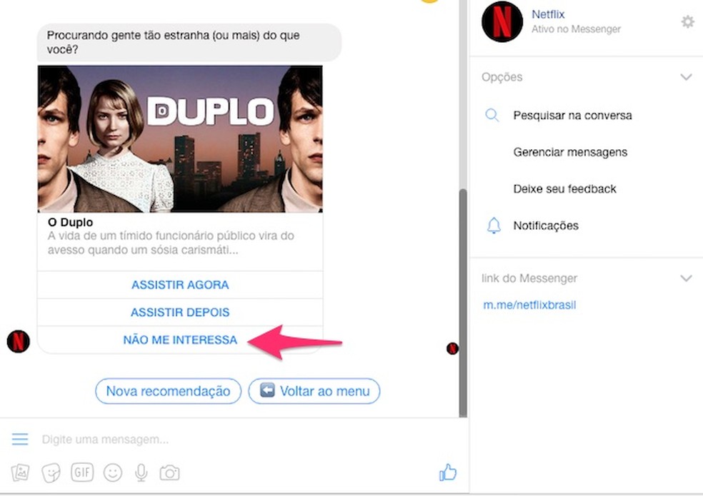 Interaction with a movie suggestion and Netflix bot series on Messenger Web Photo: Reproduo / Marvin Costa