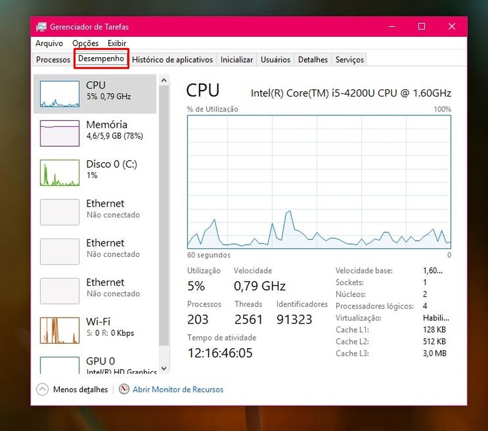 Click on the "Performance" tab in the Windows Task Manager Photo: Reproduo / Taysa Coelho