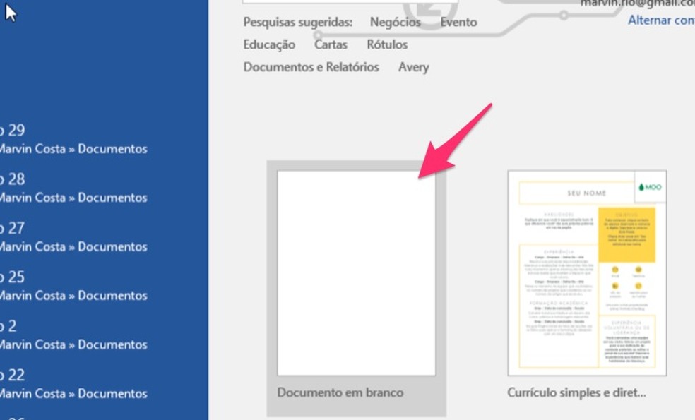 When creating a blank document in Microsoft Word Photo: Reproduo / Marvin Costa