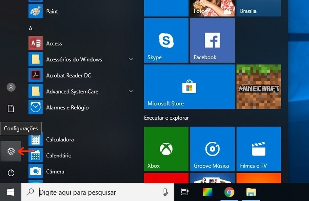 Settings button on the Windows 10 Start menu Photo: Reproduo / Raquel Freire