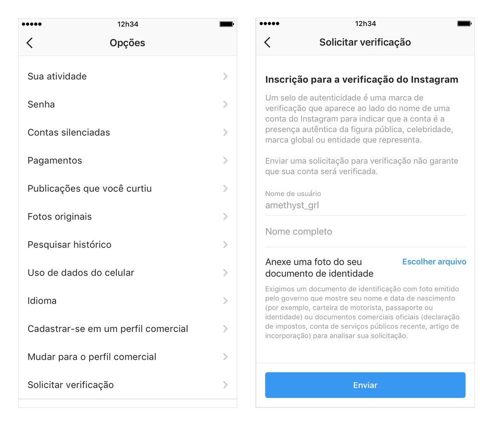 User can request blue seal of verified account within the settings of Instagram Photo: Reproduo / Instagram