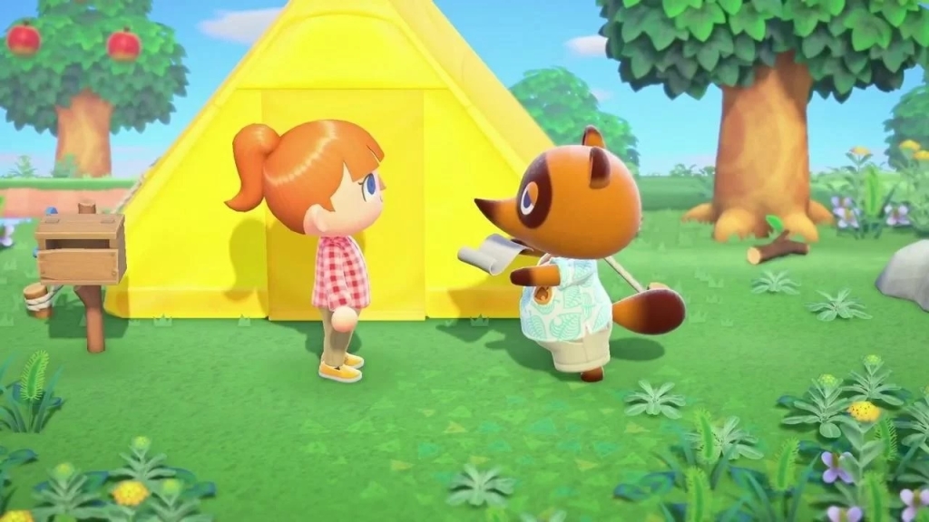 Main character and Tom Nook talking in front of a tent