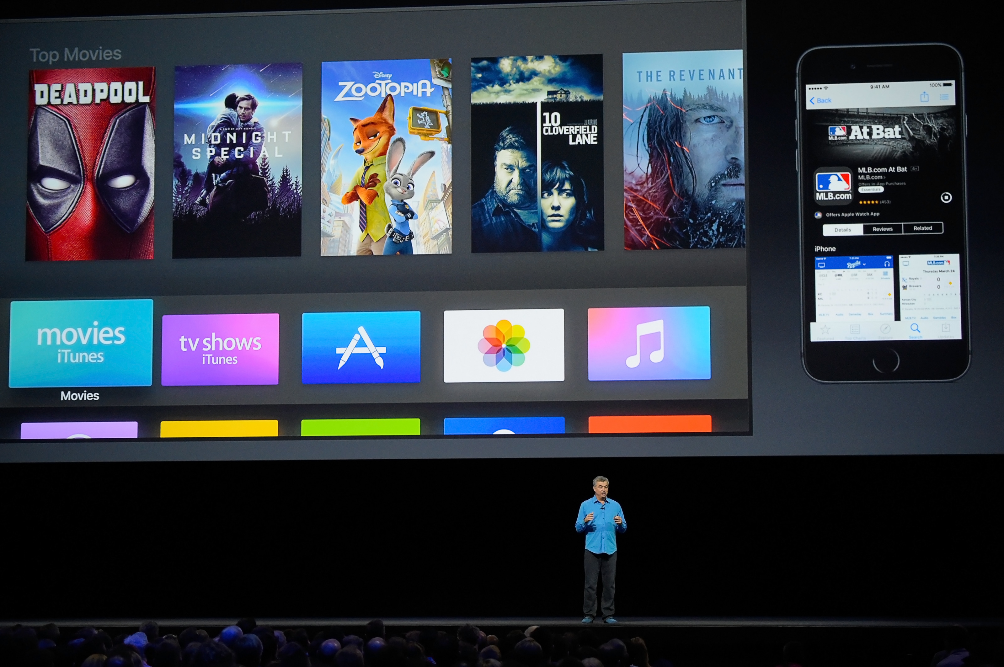 Eddy Cue on the WWDC 2016 keynote stage talking about tvOS