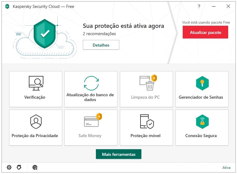 Kaspersky home screen, showing all the main functions of the antivirus