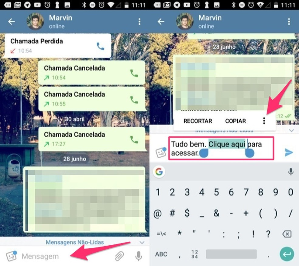 When to select a message excerpt from Telegram for Android to insert a web link Photo: Reproduo / Marvin Costa