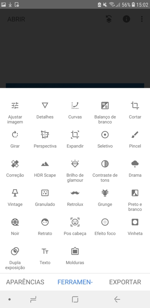 Snapseed, application on Android, showing all items in the Tools area