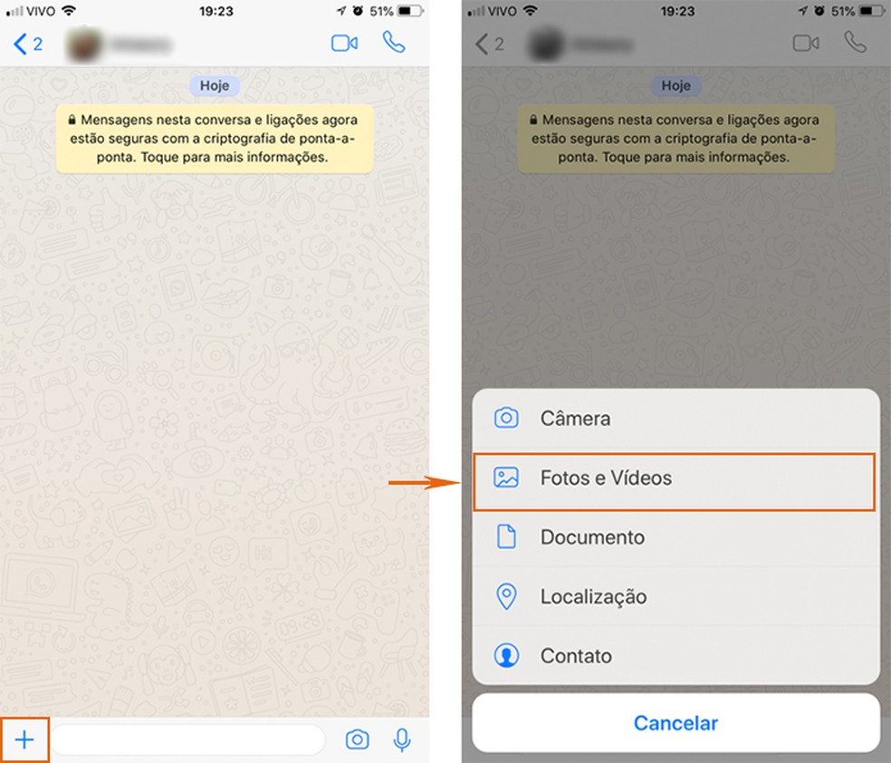 Open the menu to send photos on the WhatsApp conversation screen on the iPhone Photo: Reproduo / Barbara Mannara