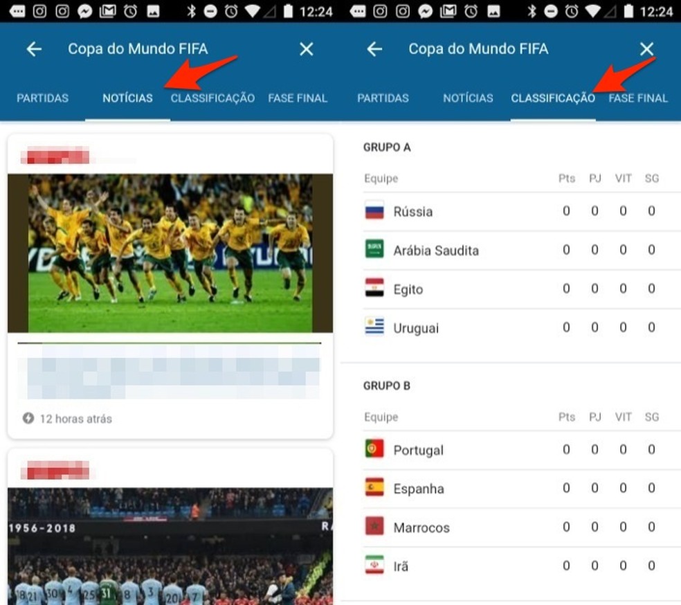 World Cup news screen and ranking on the Google Go app Photo: Reproduction / Marvin Costa