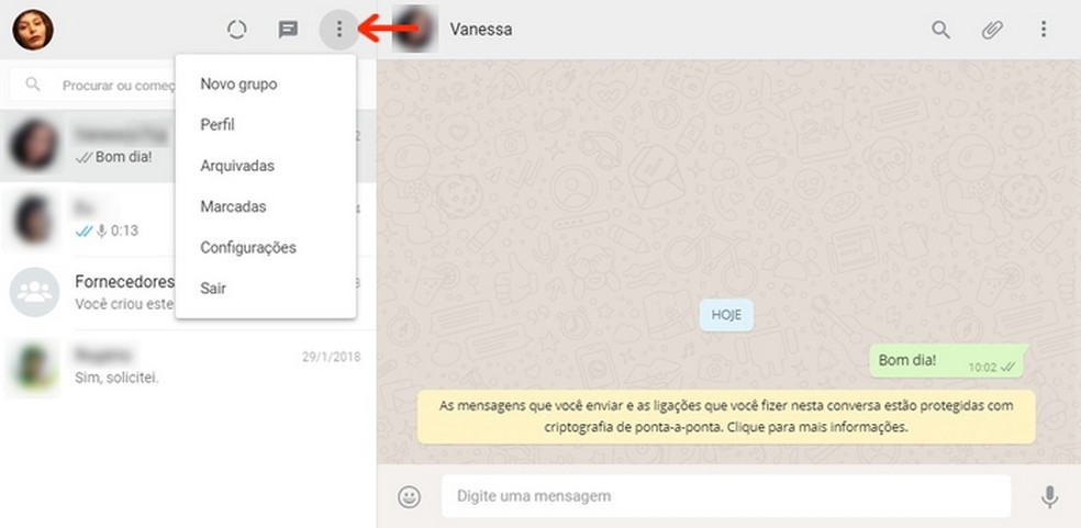 WhatsApp Business main menu options in the web version Photo: Reproduo / Raquel Freire