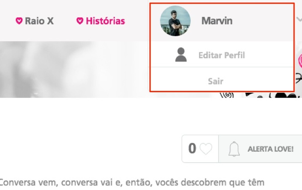 Users of T de love no Trem can edit their own information and leave the site with options available in the profile icon Photo: Reproduction / Marvin Costa